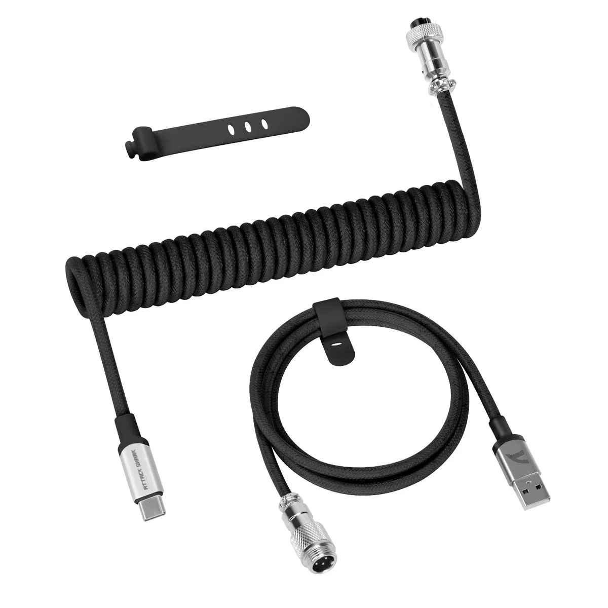 Attack Shark C01 Pro black coiled USB-C keyboard cable with metal aviator connector