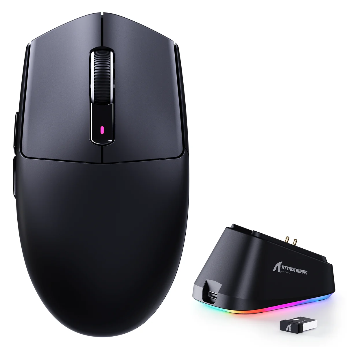 Attack Shark G3 Pro black wireless gaming mouse with RGB magnetic charging dock