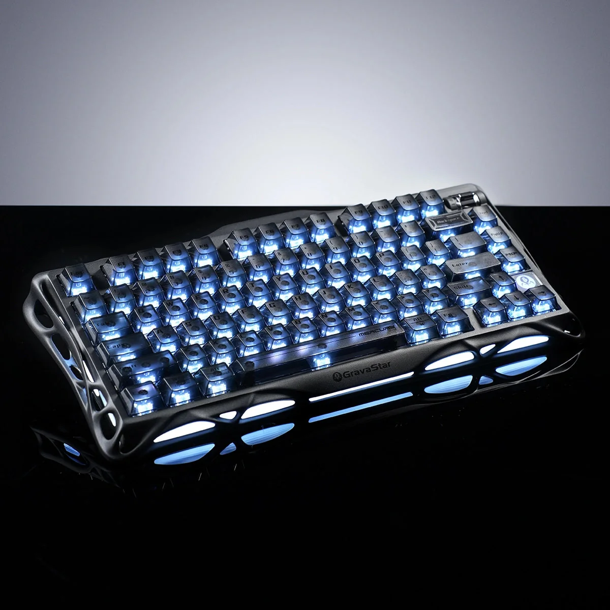 GravaStar Mercury K1 75% keyboard in Stealth Black, showing the sculpted CNC aluminum alloy exoskeleton