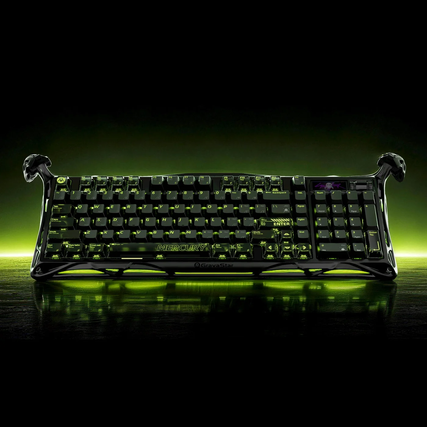 GravaStar Mercury K98 Pro 98% mechanical keyboard, full view of the CNC-machined skeletonized aluminium exoskeleton