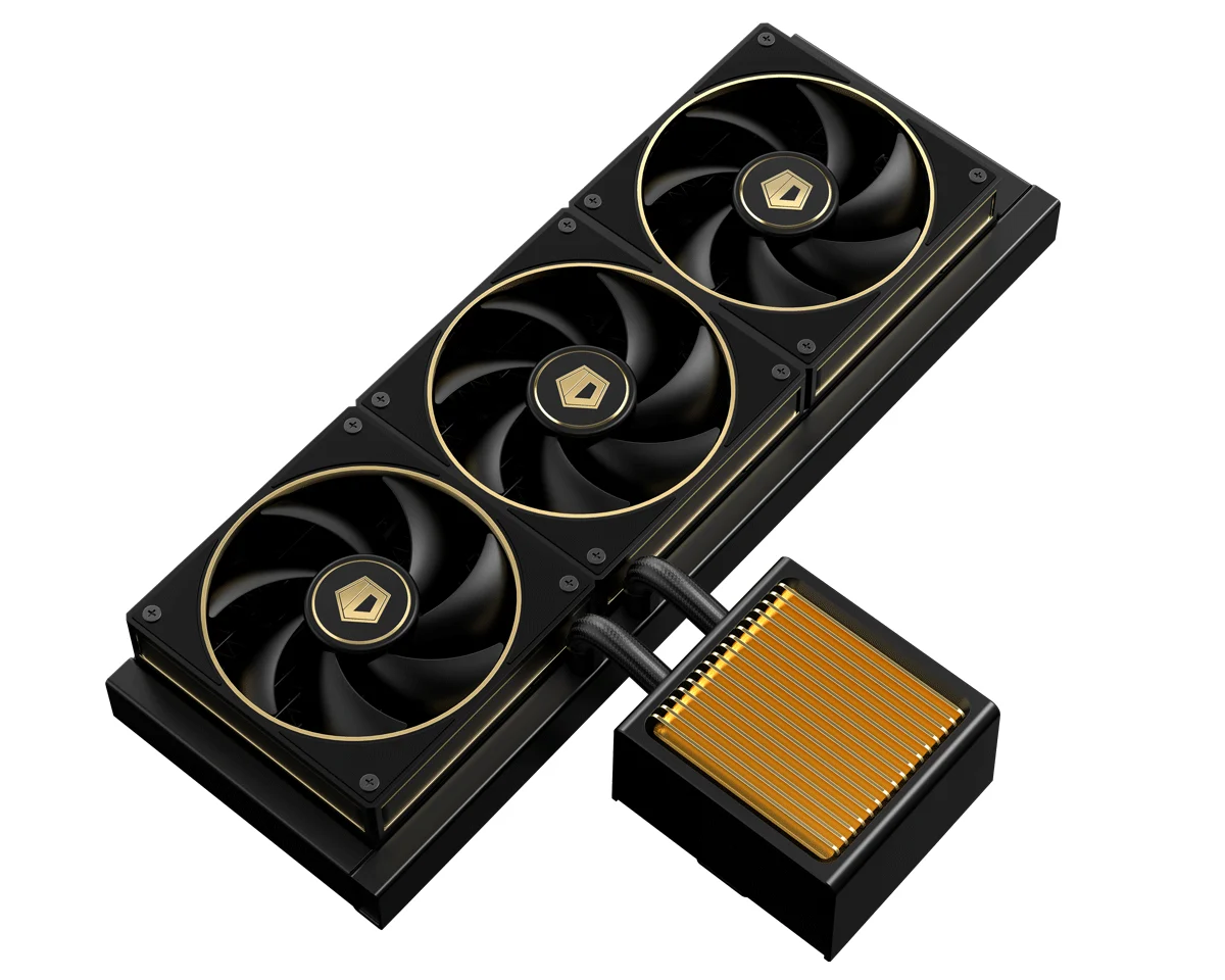 ID-COOLING DX360 GDL black-and-gold 360mm AIO with radiator, three gold-ring fans and gold pump