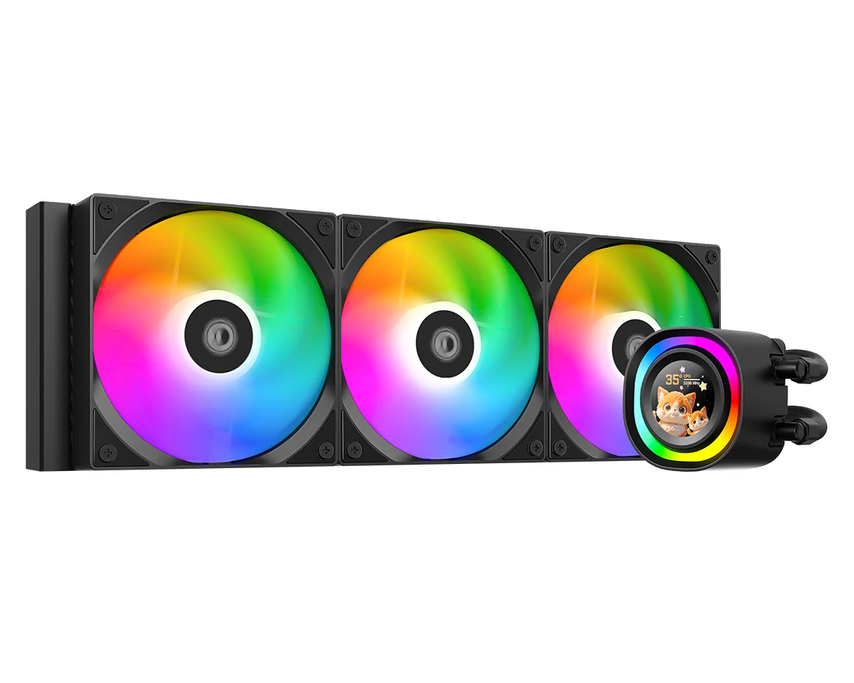 ID-COOLING FX360 LCD black 360mm AIO with three ARGB fans and 1.48-inch LCD pump