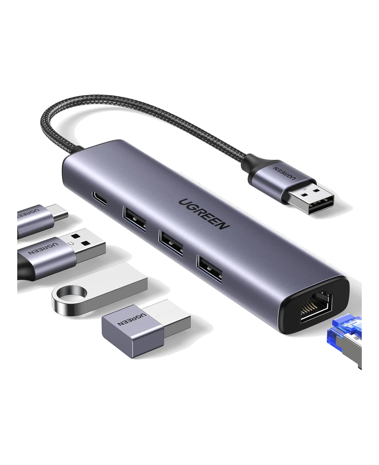 USB 3.0 to 3-Port Hub with Gigabit Ethernet and USB-C Power (5-in-1)