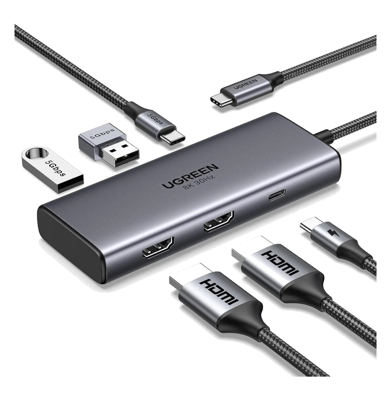 USB-C Dual HDMI Hub 8K@30Hz, 2x USB 3.0 and USB-C PD (6-in-1)