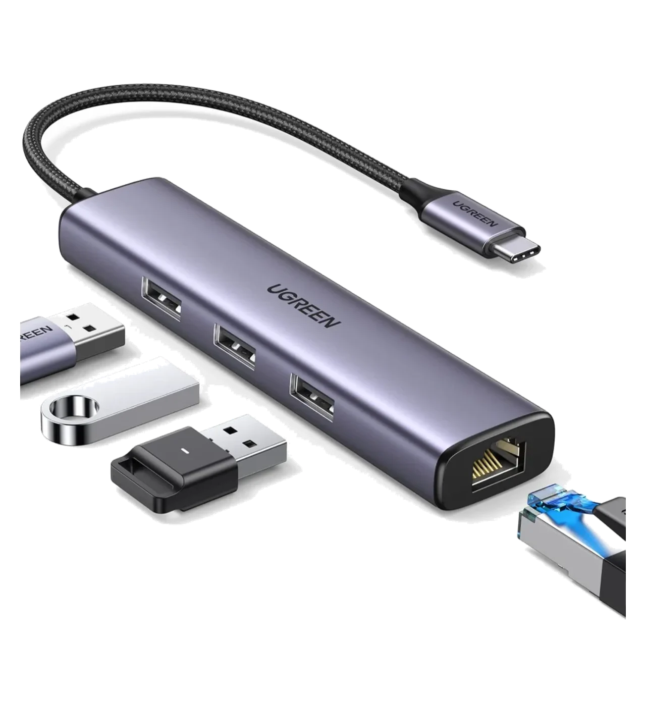 USB-C to 3-Port USB 3.0 Hub with Gigabit Ethernet (4-in-1)