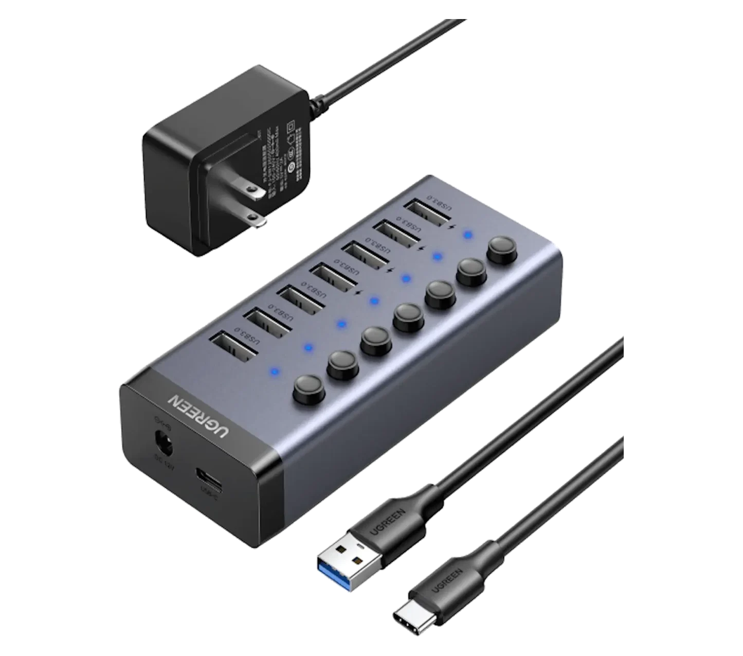 USB-C to 7-Port USB-A 3.0 Hub with Switches & Smart Charging